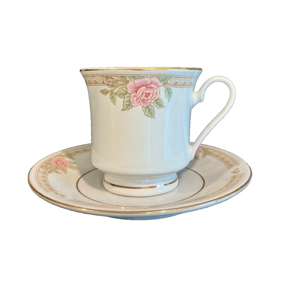 Lynns Fine China Tea Cup and Saucer Set Rose Pattern With Gold Trim EUC